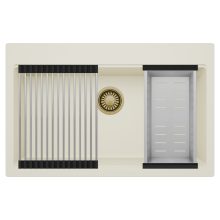 HD Infinity White 78 egymedencés gránit mosogatótálca szett, acél csepegtetőráccsal és kosárral, tört fehér színben, szálcsiszolt arany leeresztő szifonnal