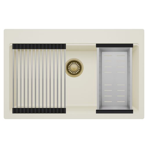 HD Infinity White 78 egymedencés gránit mosogatótálca szett, acél csepegtetőráccsal és kosárral, tört fehér színben, szálcsiszolt arany leeresztő szifonnal