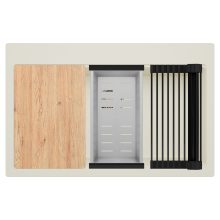 HD Infinity White 78 egymedencés gránit mosogatótálca szett, vágódeszkával, matt fekete csepegtetőráccsal és krómozott kosárral, tört fehér színben, szálcsiszolt arany leeresztő szifonnal