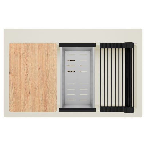 HD Infinity White 78 egymedencés gránit mosogatótálca szett, vágódeszkával, matt fekete csepegtetőráccsal és krómozott kosárral, tört fehér színben, szálcsiszolt arany leeresztő szifonnal