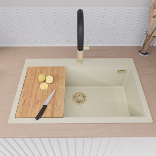 HD Infinity White 78 egymedencés gránit mosogatótálca szett, vágódeszkával, matt fekete csepegtetőráccsal és krómozott kosárral, tört fehér színben, szálcsiszolt arany leeresztő szifonnal