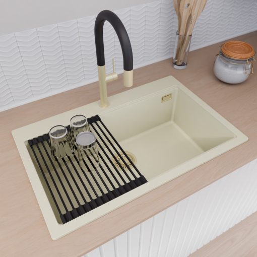 HD Infinity White 78 egymedencés gránit mosogatótálca szett, vágódeszkával, matt fekete csepegtetőráccsal és krómozott kosárral, tört fehér színben, szálcsiszolt arany leeresztő szifonnal