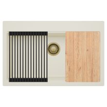 HD Infinity White 78 egymedencés gránit mosogatótálca szett, vágódeszkával, matt fekete csepegtetőráccsal, tört fehér színben, szálcsiszolt arany leeresztő szifonnal