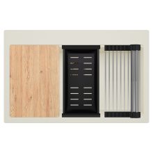 HD Infinity White 78 egymedencés gránit mosogatótálca szett, vágódeszkával, acél csepegtetőráccsal és matt fekete kosárral, tört fehér színben, szálcsiszolt arany leeresztő szifonnal