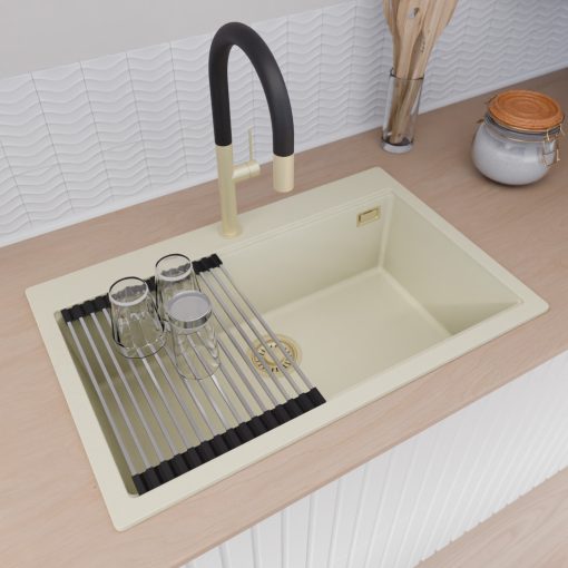 HD Infinity White 78 egymedencés gránit mosogatótálca szett, vágódeszkával, acél csepegtetőráccsal és matt fekete kosárral, tört fehér színben, szálcsiszolt arany leeresztő szifonnal