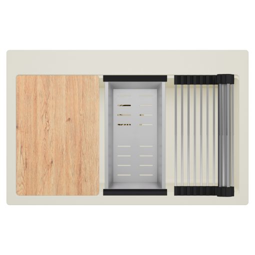 HD Infinity White 78 egymedencés gránit mosogatótálca szett, vágódeszkával, acél csepegtetőráccsal és kosárral, tört fehér színben, szálcsiszolt arany leeresztő szifonnal