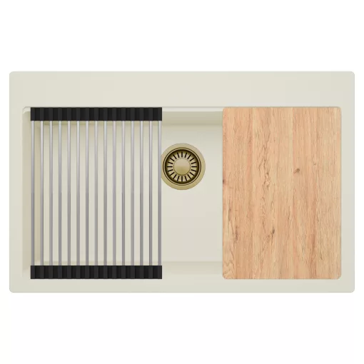 HD Infinity White 78 egymedencés gránit mosogatótálca szett, vágódeszkával, acél csepegtetőráccsal, tört fehér színben, szálcsiszolt arany leeresztő szifonnal