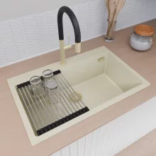 HD Infinity White 78 egymedencés gránit mosogatótálca szett, vágódeszkával, acél csepegtetőráccsal, tört fehér színben, szálcsiszolt arany leeresztő szifonnal