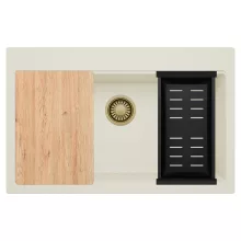 HD Infinity White 78 egymedencés gránit mosogatótálca szett, vágódeszkával, matt fekete csepegtetőkosárral, tört fehér színben, szálcsiszolt arany leeresztő szifonnal