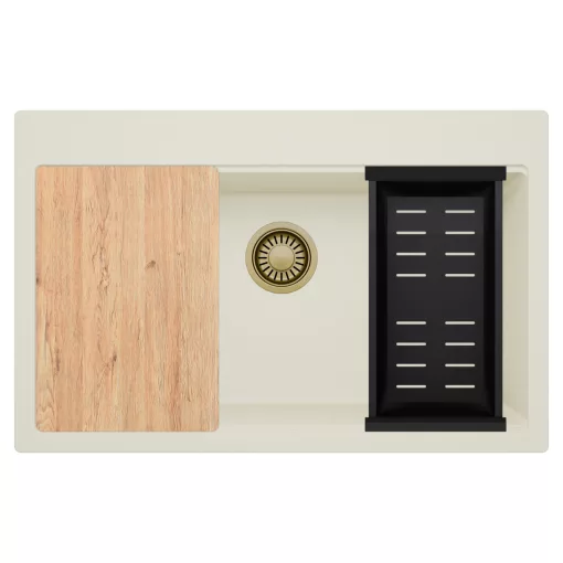 HD Infinity White 78 egymedencés gránit mosogatótálca szett, vágódeszkával, matt fekete csepegtetőkosárral, tört fehér színben, szálcsiszolt arany leeresztő szifonnal