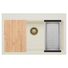 HD Infinity White 78 egymedencés gránit mosogatótálca szett, vágódeszkával, acél csepegtetőkosárral, tört fehér színben, szálcsiszolt arany leeresztő szifonnal