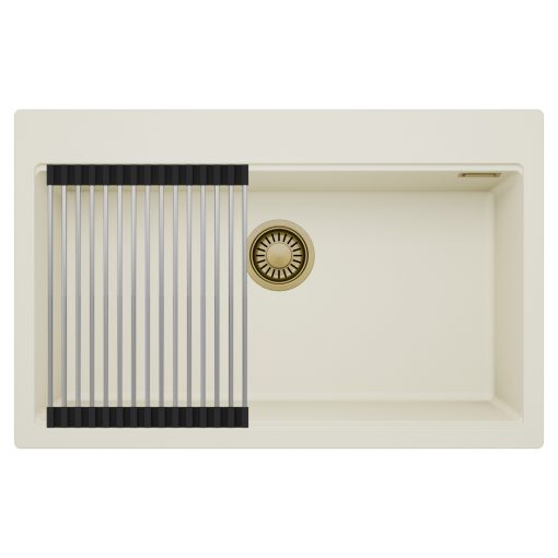 HD Infinity White 78 egymedencés gránit mosogatótálca szett, acél csepegtetőráccsal, tört fehér színben, szálcsiszolt arany leeresztő szifonnal