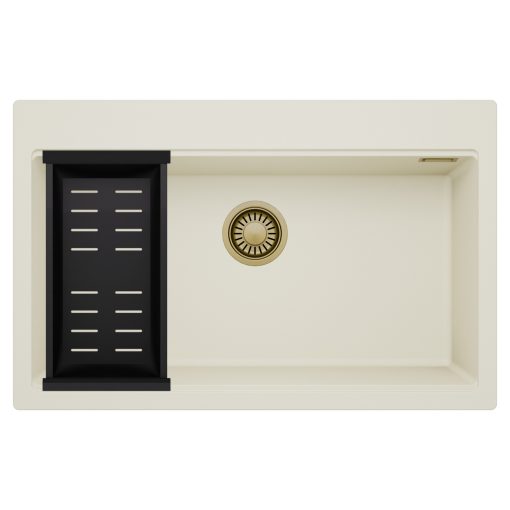 HD Infinity White 78 egymedencés gránit mosogatótálca szett, matt fekete csepegtetőkosárral, tört fehér színben, szálcsiszolt arany leeresztő szifonnal