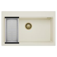 HD Infinity White 78 egymedencés gránit mosogatótálca szett, acél csepegtetőkosárral, tört fehér színben, szálcsiszolt arany leeresztő szifonnal