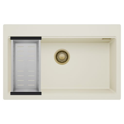 HD Infinity White 78 egymedencés gránit mosogatótálca szett, acél csepegtetőkosárral, tört fehér színben, szálcsiszolt arany leeresztő szifonnal