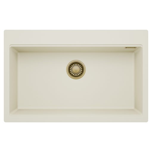 HD Infinity White 78 egymedencés gránit mosogatótálca, tört fehér színben, szálcsiszolt arany leeresztő szifonnal