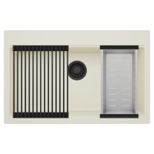 HD Infinity White 78 egymedencés gránit mosogatótálca szett, matt fekete csepegtetőráccsal és krómozott kosárral, tört fehér színben, matt fekete leeresztő szifonnal