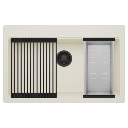 HD Infinity White 78 egymedencés gránit mosogatótálca szett, matt fekete csepegtetőráccsal és krómozott kosárral, tört fehér színben, matt fekete leeresztő szifonnal