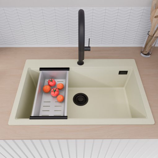 HD Infinity White 78 egymedencés gránit mosogatótálca szett, matt fekete csepegtetőráccsal és krómozott kosárral, tört fehér színben, matt fekete leeresztő szifonnal