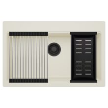 HD Infinity White 78 egymedencés gránit mosogatótálca szett, acél csepegtetőráccsal és matt fekete kosárral, tört fehér színben, matt fekete leeresztő szifonnal