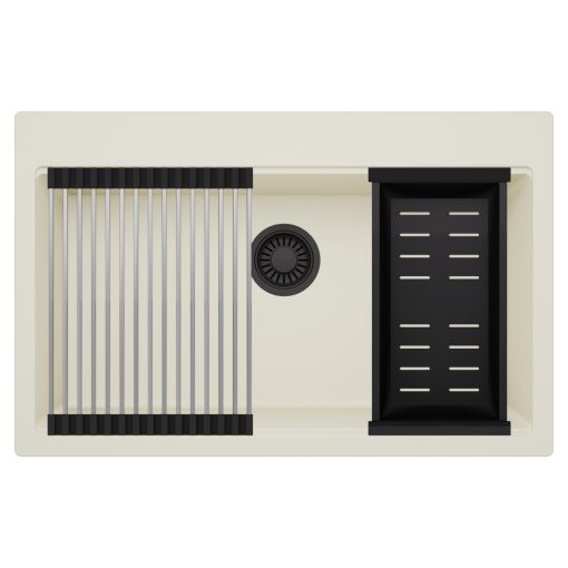 HD Infinity White 78 egymedencés gránit mosogatótálca szett, acél csepegtetőráccsal és matt fekete kosárral, tört fehér színben, matt fekete leeresztő szifonnal