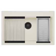 HD Infinity White 78 egymedencés gránit mosogatótálca szett, acél csepegtetőráccsal és kosárral, tört fehér színben, matt fekete leeresztő szifonnal