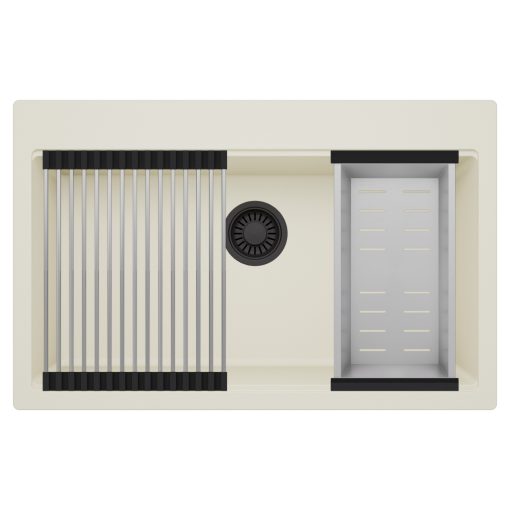 HD Infinity White 78 egymedencés gránit mosogatótálca szett, acél csepegtetőráccsal és kosárral, tört fehér színben, matt fekete leeresztő szifonnal