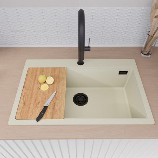 HD Infinity White 78 egymedencés gránit mosogatótálca szett, vágódeszkával, matt fekete csepegtetőráccsal és kosárral, tört fehér színben, matt fekete leeresztő szifonnal