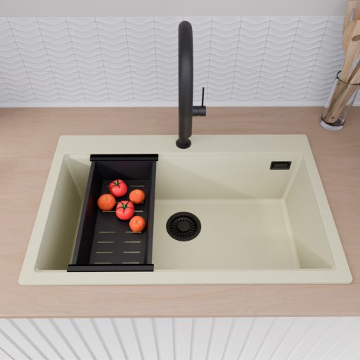 HD Infinity White 78 egymedencés gránit mosogatótálca szett, vágódeszkával, matt fekete csepegtetőráccsal és kosárral, tört fehér színben, matt fekete leeresztő szifonnal