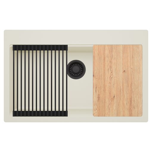 HD Infinity White 78 egymedencés gránit mosogatótálca szett, vágódeszkával, matt fekete csepegtetőráccsal, tört fehér színben, matt fekete leeresztő szifonnal