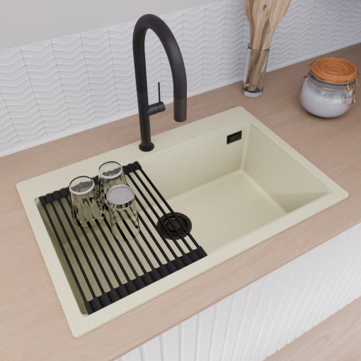 HD Infinity White 78 egymedencés gránit mosogatótálca szett, vágódeszkával, matt fekete csepegtetőráccsal, tört fehér színben, matt fekete leeresztő szifonnal