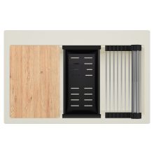 HD Infinity White 78 egymedencés gránit mosogatótálca szett, vágódeszkával, acél csepegtetőráccsal és matt fekete kosárral, tört fehér színben, matt fekete leeresztő szifonnal