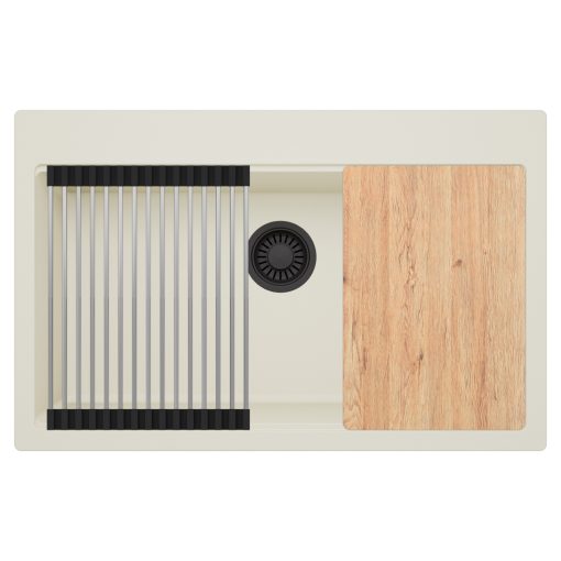 HD Infinity White 78 egymedencés gránit mosogatótálca szett, acél csepegtetőráccsal, tört fehér színben, matt fekete leeresztő szifonnal