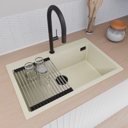 HD Infinity White 78 egymedencés gránit mosogatótálca szett, acél csepegtetőráccsal, tört fehér színben, matt fekete leeresztő szifonnal