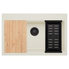 HD Infinity White 78 egymedencés gránit mosogatótálca szett, vágódeszkával, matt fekete csepegtetőkosárral, tört fehér színben, matt fekete leeresztő szifonnal