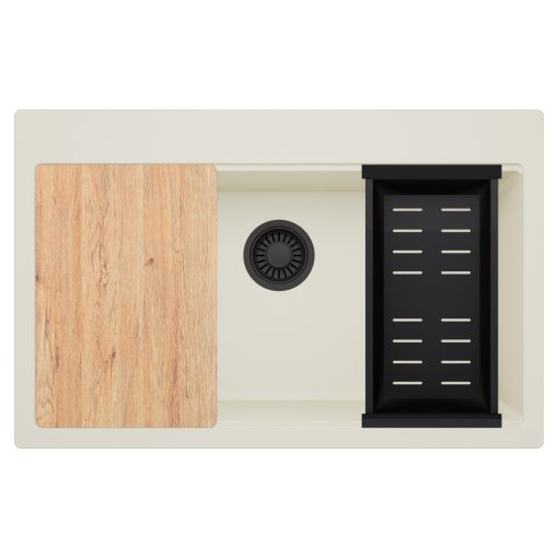 HD Infinity White 78 egymedencés gránit mosogatótálca szett, vágódeszkával, matt fekete csepegtetőkosárral, tört fehér színben, matt fekete leeresztő szifonnal