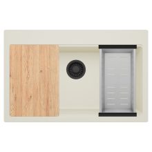 HD Infinity White 78 egymedencés gránit mosogatótálca szett, acél csepegtetőkosárral, tört fehér színben, matt fekete leeresztő szifonnal