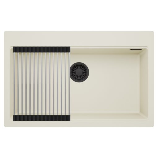 HD Infinity White 78 egymedencés gránit mosogatótálca szett, acél csepegtetőráccsal, tört fehér színben, matt fekete leeresztő szifonnal