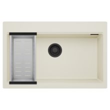 HD Infinity White 78 egymedencés gránit mosogatótálca szett, acél csepegtetőkosárral, tört fehér színben, matt fekete leeresztő szifonnal