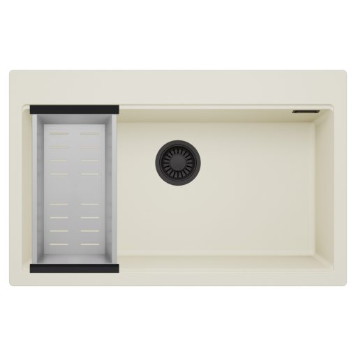 HD Infinity White 78 egymedencés gránit mosogatótálca szett, acél csepegtetőkosárral, tört fehér színben, matt fekete leeresztő szifonnal