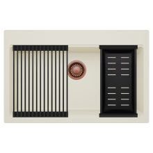 HD Infinity White 78 egymedencés gránit mosogatótálca szett, matt fekete csepegtetőráccsal és kosárral, tört fehér színben, szálcsiszolt réz leeresztő szifonnal