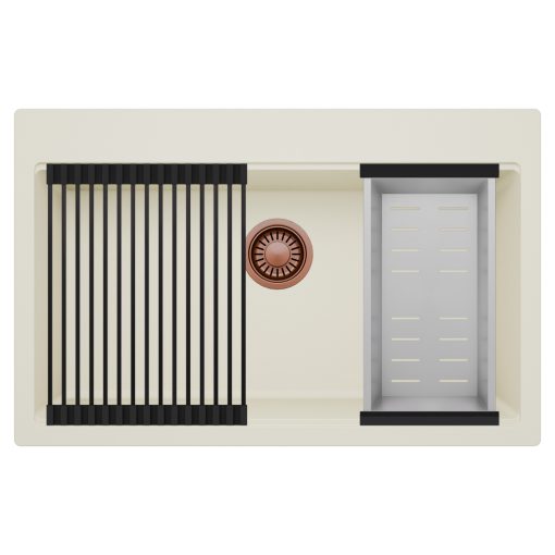 HD Infinity White 78 egymedencés gránit mosogatótálca szett, matt fekete csepegtetőráccsal és krómozott kosárral, tört fehér színben, szálcsiszolt réz leeresztő szifonnal