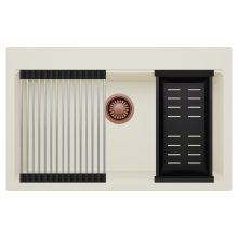 HD Infinity White 78 egymedencés gránit mosogatótálca szett, acél csepegtetőráccsal és matt fekete kosárral, tört fehér színben, szálcsiszolt réz leeresztő szifonnal