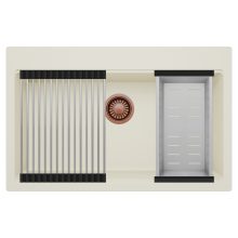 HD Infinity White 78 egymedencés gránit mosogatótálca szett, acél csepegtetőráccsal és kosárral, tört fehér színben, szálcsiszolt réz leeresztő szifonnal