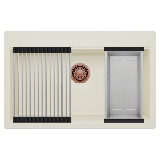 HD Infinity White 78 egymedencés gránit mosogatótálca szett, acél csepegtetőráccsal és kosárral, tört fehér színben, szálcsiszolt réz leeresztő szifonnal