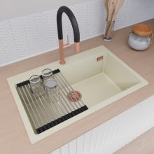 HD Infinity White 78 egymedencés gránit mosogatótálca szett, acél csepegtetőráccsal és kosárral, tört fehér színben, szálcsiszolt réz leeresztő szifonnal