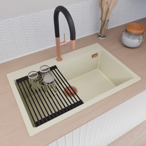 HD Infinity White 78 egymedencés gránit mosogatótálca szett, vágódeszkával, matt fekete csepegtetőráccsal és krómozott kosárral, tört fehér színben, szálcsiszolt réz leeresztő szifonnal