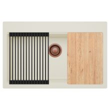 HD Infinity White 78 egymedencés gránit mosogatótálca szett, matt fekete csepegtetőráccsal, tört fehér színben, szálcsiszolt réz leeresztő szifonnal