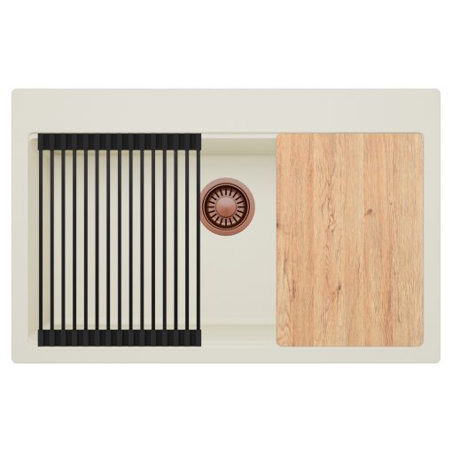 HD Infinity White 78 egymedencés gránit mosogatótálca szett, matt fekete csepegtetőráccsal, tört fehér színben, szálcsiszolt réz leeresztő szifonnal