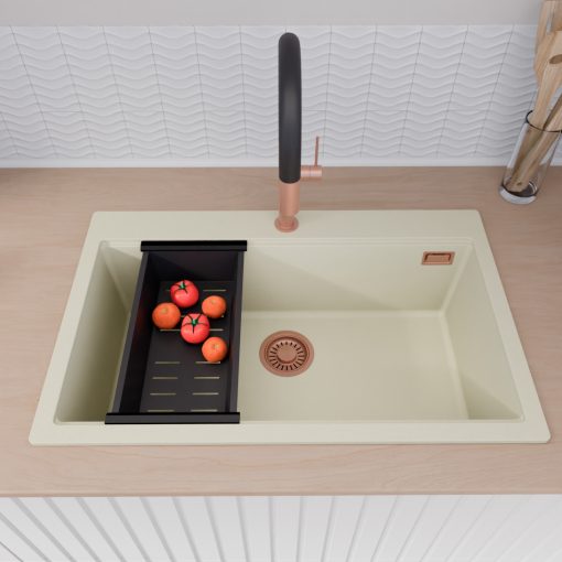 HD Infinity White 78 egymedencés gránit mosogatótálca szett, vágódeszkával, acél csepegtetőráccsal és matt fekete kosárral, tört fehér színben, szálcsiszolt réz leeresztő szifonnal